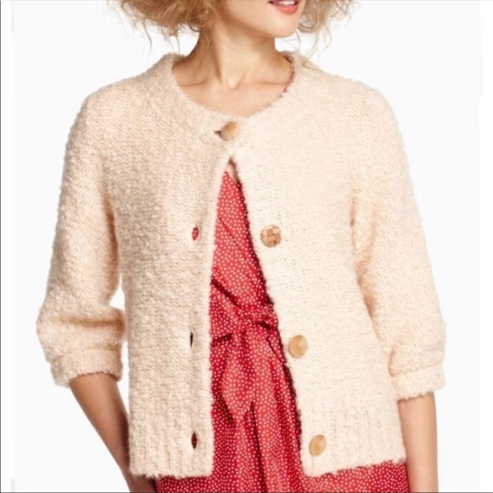 Anthropologie HWR Monogram Rinah Cream Boucle Knit Cardigan Sweater Grandmacore